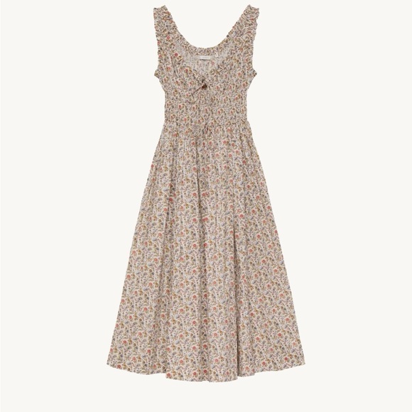 Doen Dresses & Skirts - Doen Beige Floral Smocked Midi Dress with Red and Green Accents